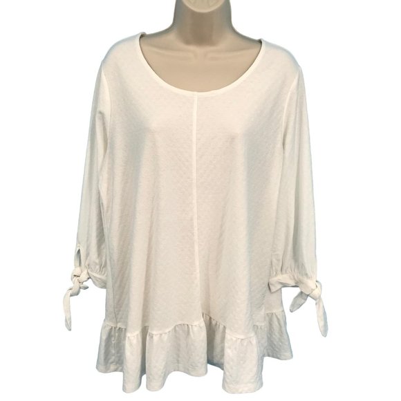 Style & Co. Tops - NWT Style & Co Womens Cream 3/4 Tie Sleeve Ruffle Scoop Neck Blouse Size OX